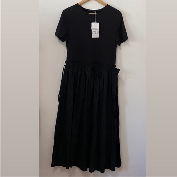 NWT ZARA Black Ruched Waist Side Slits Combination Maxi Dress - Picture 5 of 10